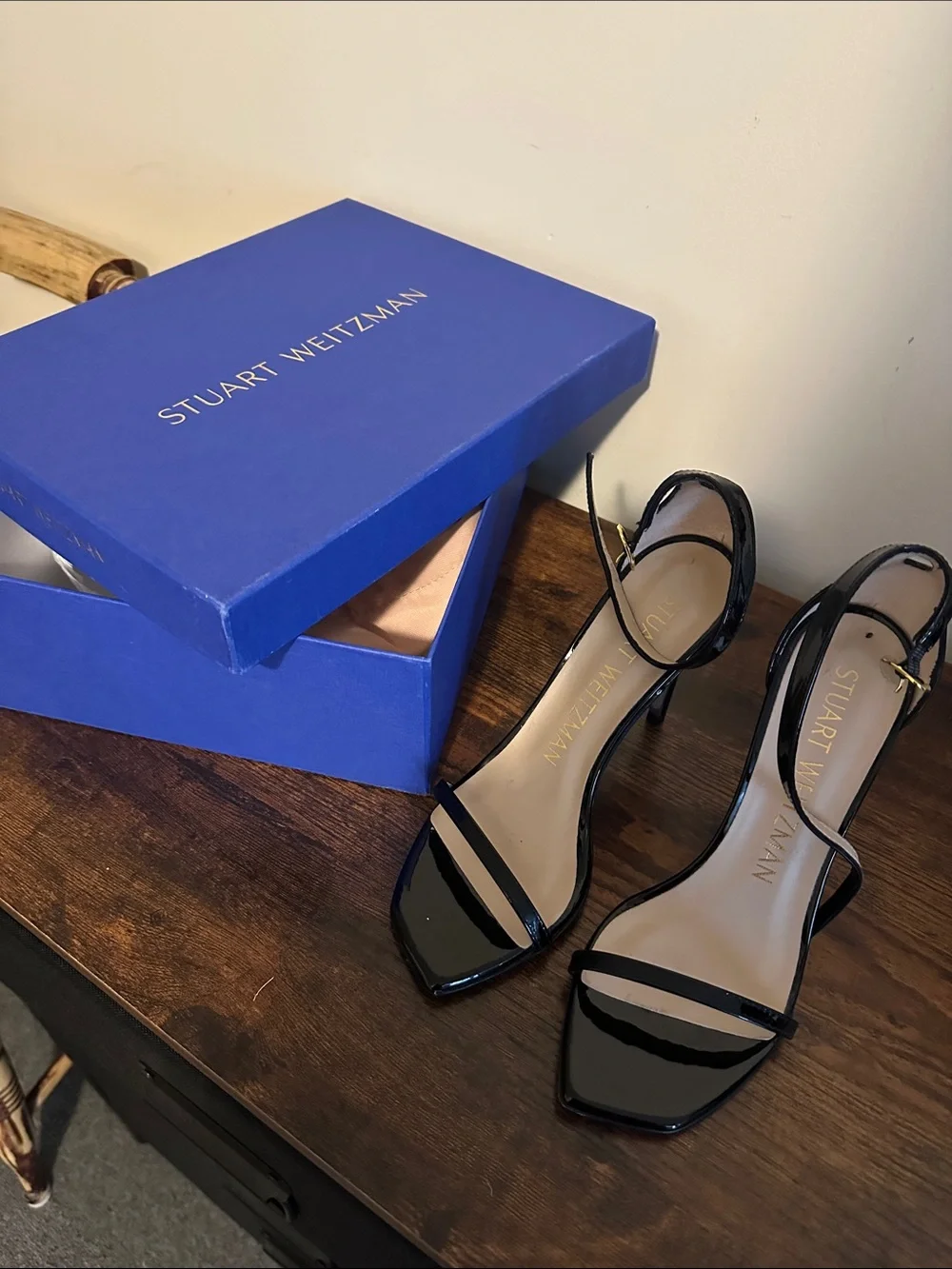 Stuart Weitzman Black Patent Square-Toe Ankle-Strap Heels